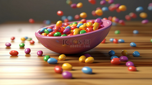 层叠背景图片_彩虹色果冻豆层叠到白色瓷碗和木板上的 3D 插图