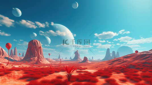 迷人的蓝天背景 3d 渲染中的超现实主义红色沙漠景观