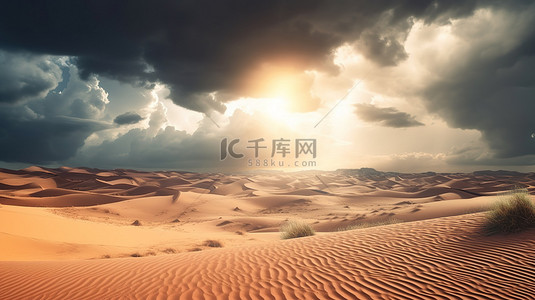 空灵的沙漠景观沙尘暴席卷沙丘，带有引人注目的天空和云彩 3D 插图