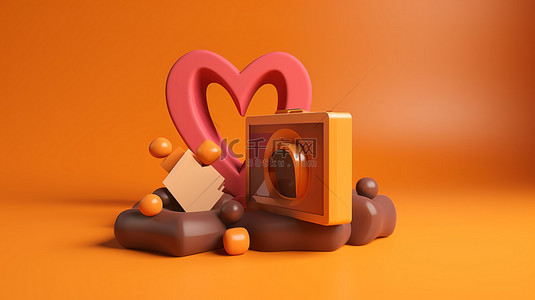 爱情通知围绕着充满活力的橙色背景上的 3d instagram 标志