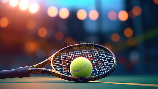 模糊背景的 3D 渲染，动画网球位于网球拍顶部