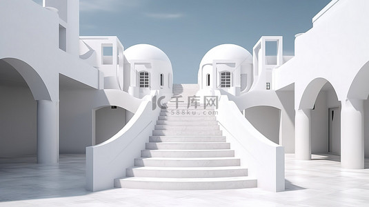 几何扁平风格背景图片_建筑设计中的时尚极简主义楼梯拱门和 3D 渲染的房屋
