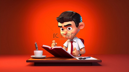 男服务员背景图片_卡通风格 3D 插图，服务员用铅笔和笔记本记下订单