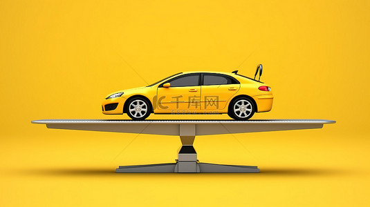 孤立的汽车和出租车在秤上称重的 3D 插图