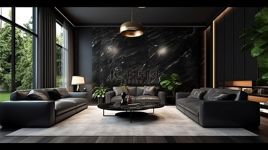 华丽的生活空间时尚的现代家具和大理石地板在昏暗的房间 3d 渲染
