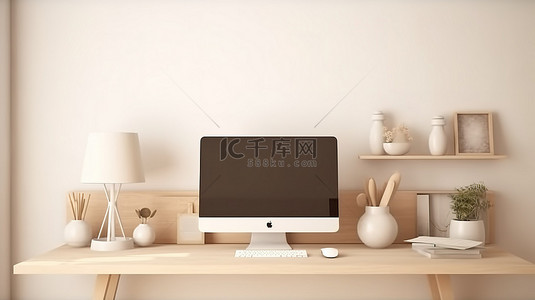 电脑创意桌面背景图片_现代风格的房间，配有样机显示器办公配件和白桌 3D 渲染上的装饰