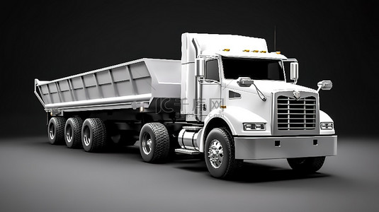 物流轮播图背景图片_时尚的白色美国拖车，配有自卸卡车式货物运输车，在冷灰色背景下以 3D 图示