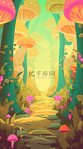 自然风景桥面背景图片_彩色蘑菇小路植物装饰图案自然风景