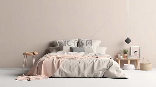 一张舒适的床的 3D 渲染，在白色墙壁上贴有模型海报，背景为白色