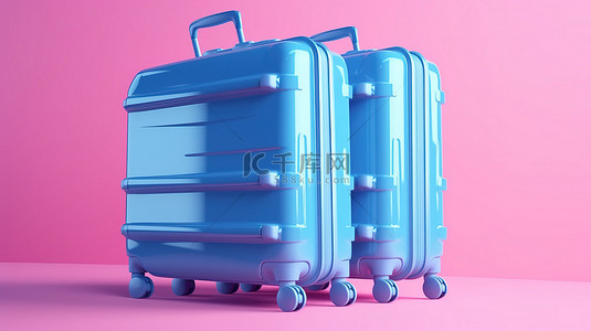 旅行粉色背景图片_豪华酒店 3D 渲染中粉色行李手推车上精致的蓝色聚碳酸酯手提箱