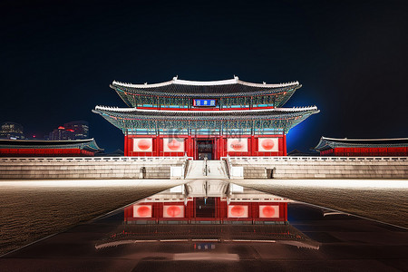 韩国的一座建筑在晚上