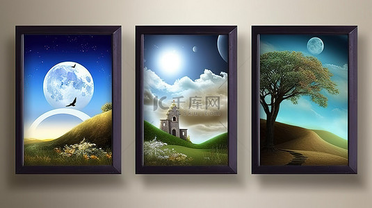 插画月亮背景图片_用 3D 框架增强您的家，其中包括树木云鸟月亮和山脉，呈现宁静的风景