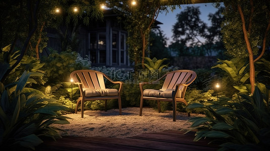 3D 渲染场景中的夜间花园椅子