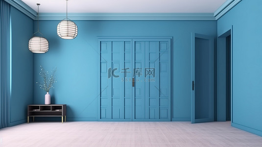 日式房间的 3D 渲染，配有蓝色室内设计榻榻米垫地板门纸和橱柜架墙