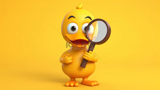 黄色卡通鸭子吉祥物，带有放大镜有趣的 3D 渲染在黄色背景上