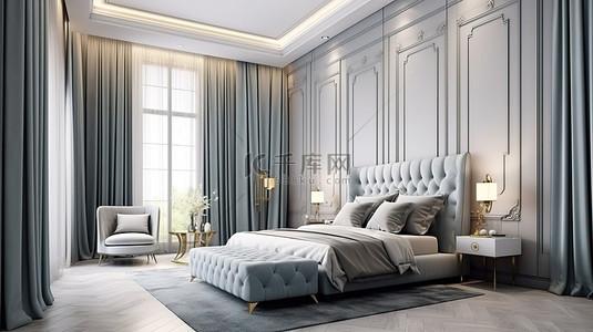 时尚精致的卧室和起居空间，配有永恒的墙壁装饰和优雅的 3D 灰色家具