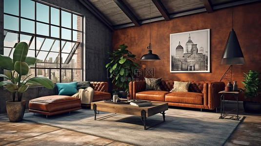 复古真皮背景图片_现代风格的复古阁楼客厅设计，配有舒适的棕色皮革沙发和 3D 装饰