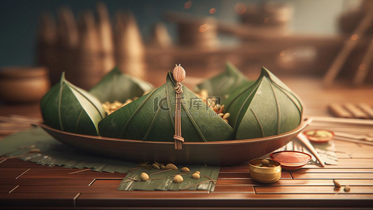 春舞狮年俗习俗背景图片_端午节绿色创意粽子美食