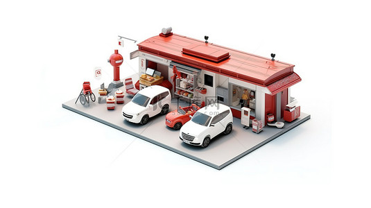 服务机背景图片_展示汽车服务的孤立白色背景的 3D 插图