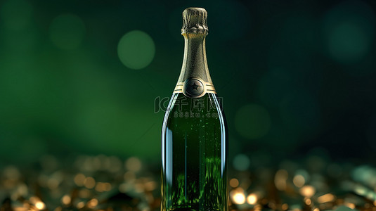 3D 渲染的充满活力的绿色背景上香槟瓶的宏观照片