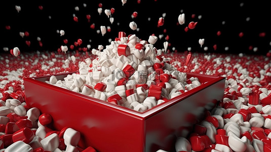 抽象电影和娱乐 3d 红色和白色爆米花盒漂浮