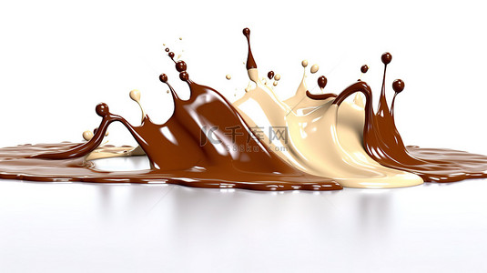 白色背景上滴落融化的巧克力糖浆的 3D 渲染