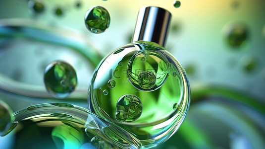 护肤化妆品的 3D 插图，其特征是分子被困在液体气泡内