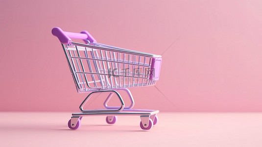 柔和的粉红色背景上体现购物概念的购物车的简约 3D 插图
