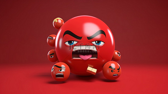 红色生气的表情背景图片_红色背景上愤怒的 facebook 反应表情符号气球符号的 3d 渲染