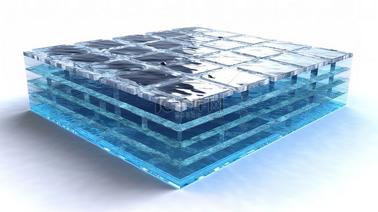 在 3D 渲染中隔离在水立方的白色横截面上，蓝色太阳能电池板产生清洁能源