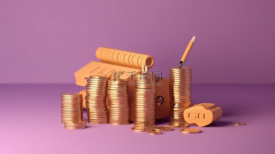 收支预算表背景图片_紫色背景纳税和营业税概念，以 3D 插图显示图形货币硬币和税表
