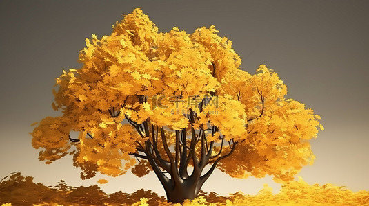 自然的秋季设计黄叶树在 3D 渲染插图中
