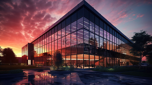 树立面背景图片_办公楼在令人惊叹的夕阳天空下的 3D 渲染