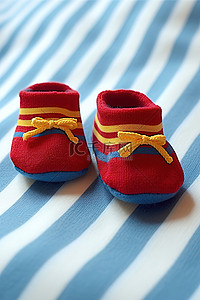 蓝色和黄色毯子上的红色条纹短靴