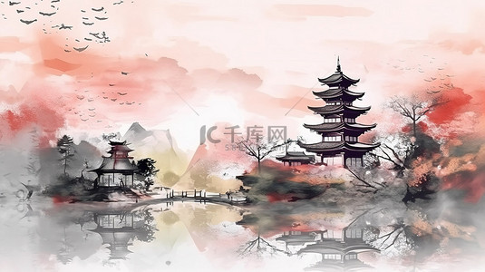 水彩风景风景背景图片_日本水彩水墨画风格东方抽象风景的 3D 插图