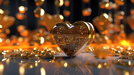 情人节金背景图片_金色字母和玻璃心营造出欢快的情人节背景 3D 渲染