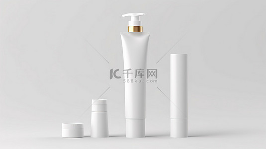 白色背景模板上隔离美容产品乳液瓶油和奶油管的 3d 插图