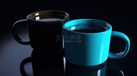 3d 蓝色背景下，两个热气腾腾的咖啡杯悬浮在黑色杯垫上方