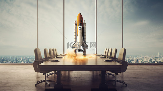 会议桌背景图片_启动您的业务 3D 渲染的航天飞机在会议桌上方翱翔