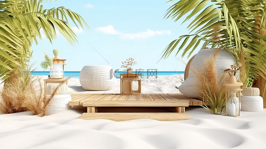 自然夏季环境中海滩场景与产品展示台的 3D 渲染