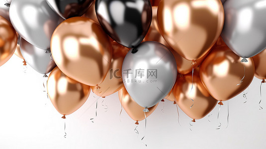 一组铜气球装饰白墙令人惊叹的水平横幅 3D 渲染