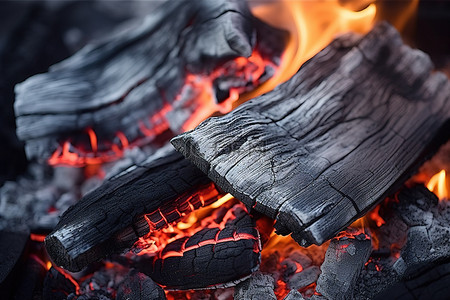 炭火烧烤背景图片_一些木炭烧烤木材的特写