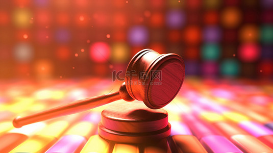 在法庭上背景图片_神圣的光芒照耀在 3D 渲染的木槌上