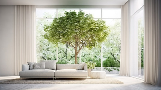 开放客厅背景图片_现代住宅 3D 渲染室内客厅，配有宽敞的开放区域和树木装饰的沙发