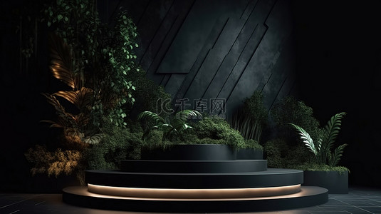 填充背景图片_用于产品展示的深色讲台 3D 渲染以及植物填充雕像横截面