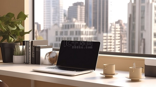 样机纸张背景图片_带笔记本电脑屏幕模型和纸张整理器的窗台现代家庭办公室的 3D 渲染