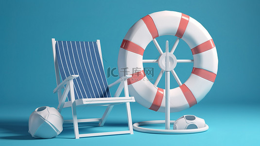 蓝色和白色的海滩场景 3D 渲染，蓝色背景上配有躺椅伞救生圈和沙滩球