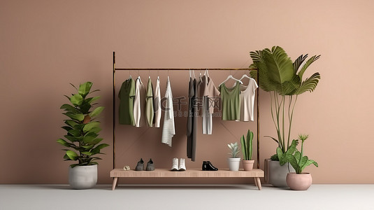 带有植物和门的衣架的 3D 渲染，实现独特的购物概念