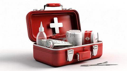 高科技医疗背景背景图片_白色背景下急救箱和温度计的独立 3D 插图