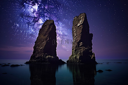 小夜空背景图片_爱尔兰ias海滩水中的两个小岩层